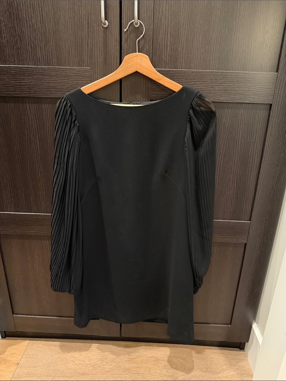White House Black Market Black Mini Dress with Pleated Long Sleeves